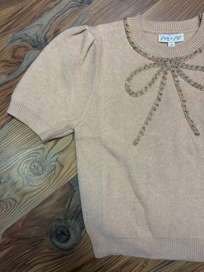 Oatmeal Glitzy Bow Knit