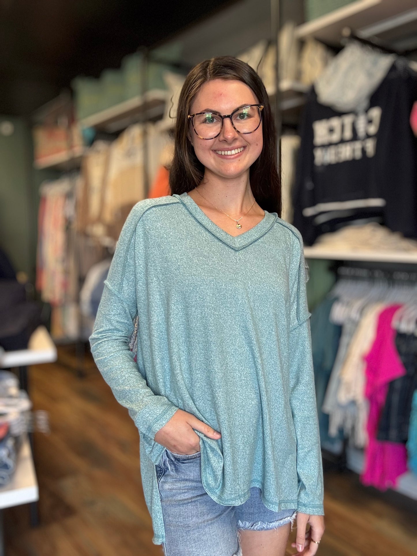 Teal Softy Hacci Long Sleeve Zenana