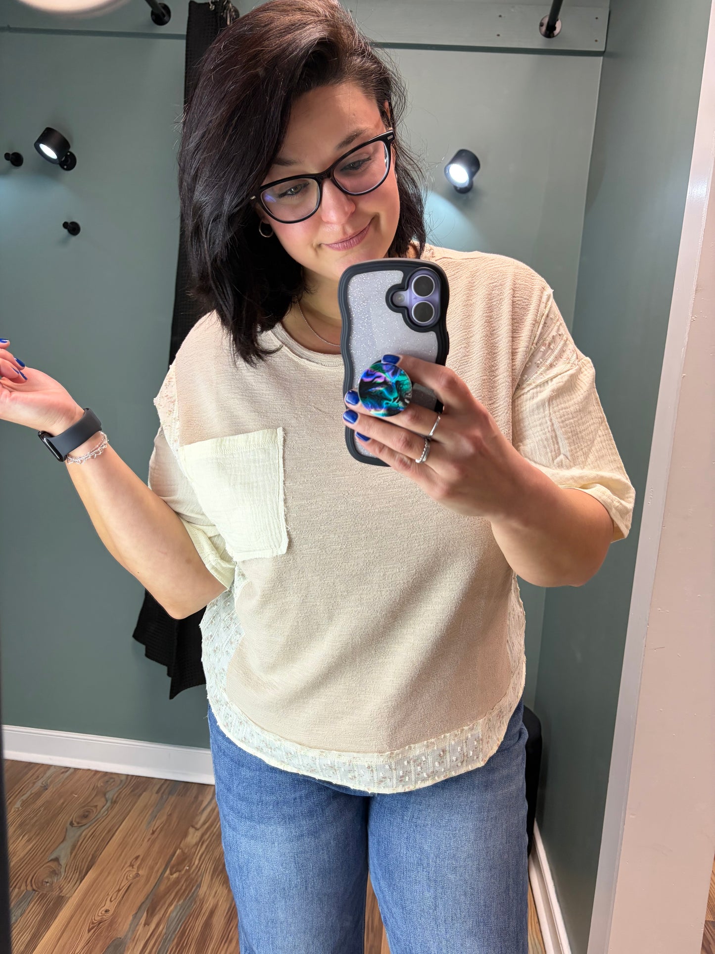 Beige Floral Trim Top