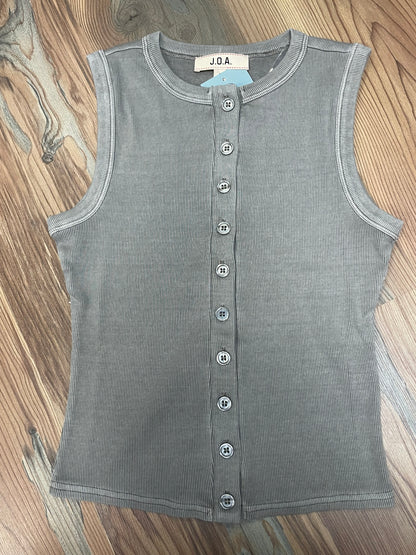 Washed Grey Button Sleeveless Top
