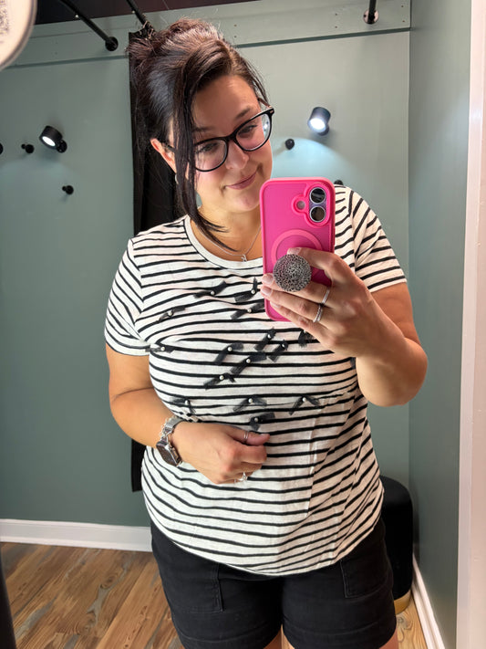 Black White Stripe Bow Top
