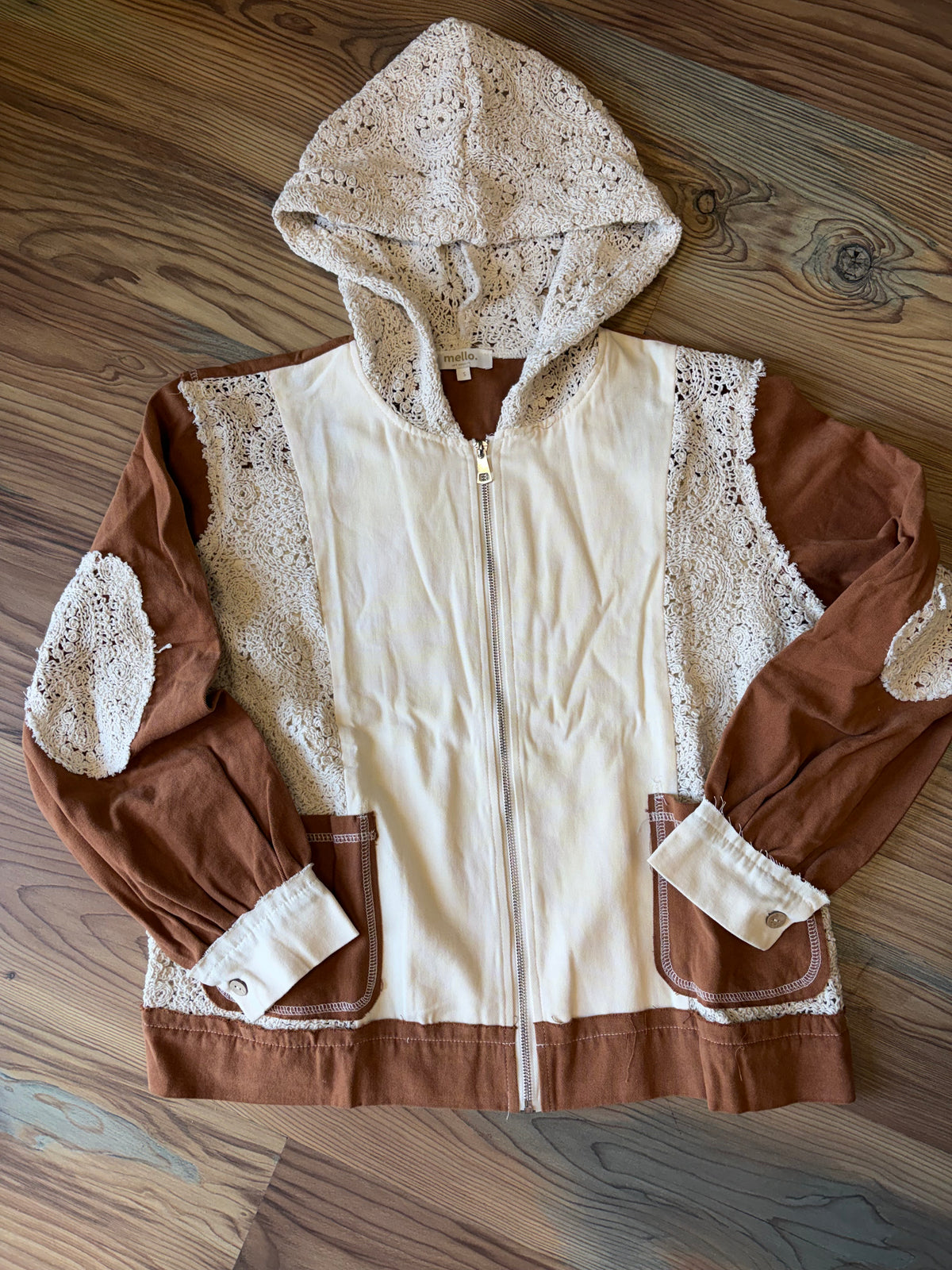 Cream Rust Crochet Hoodie