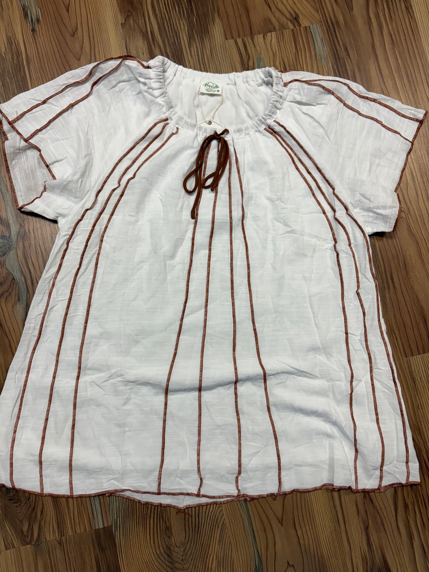 White Brown Tie Mini Peasant Dress