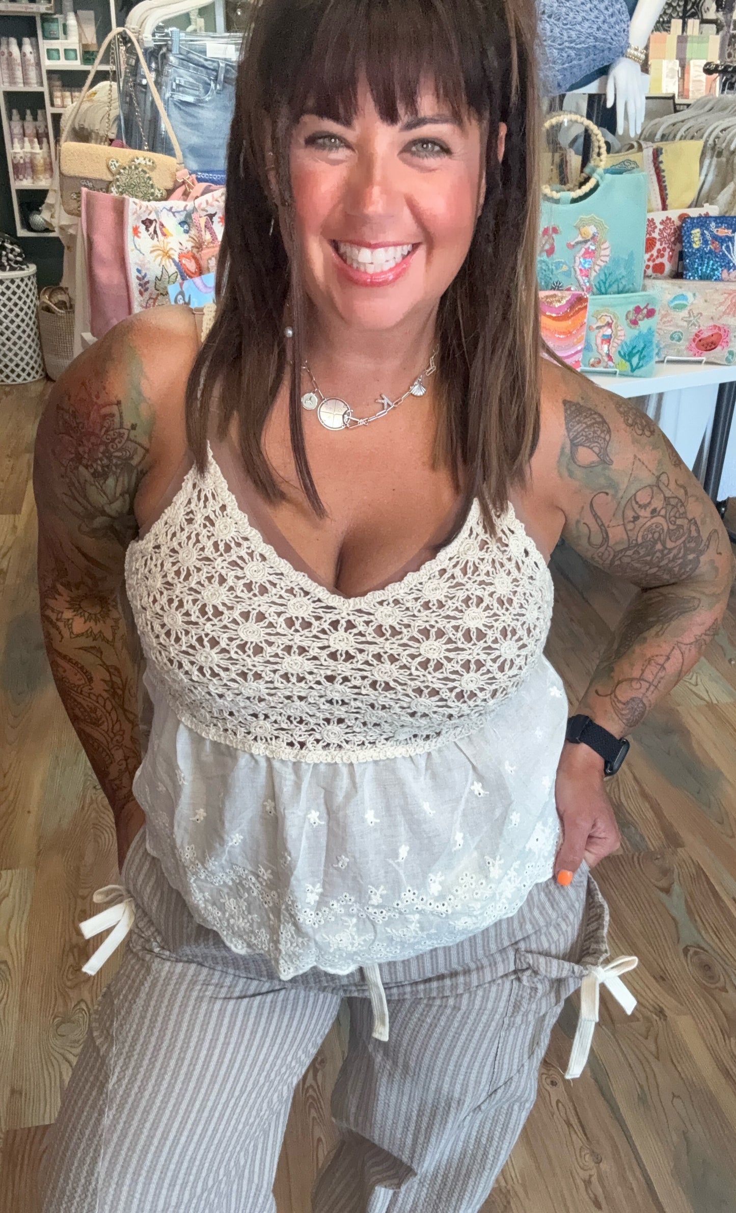 Cream Crocheted Eyelet Tank