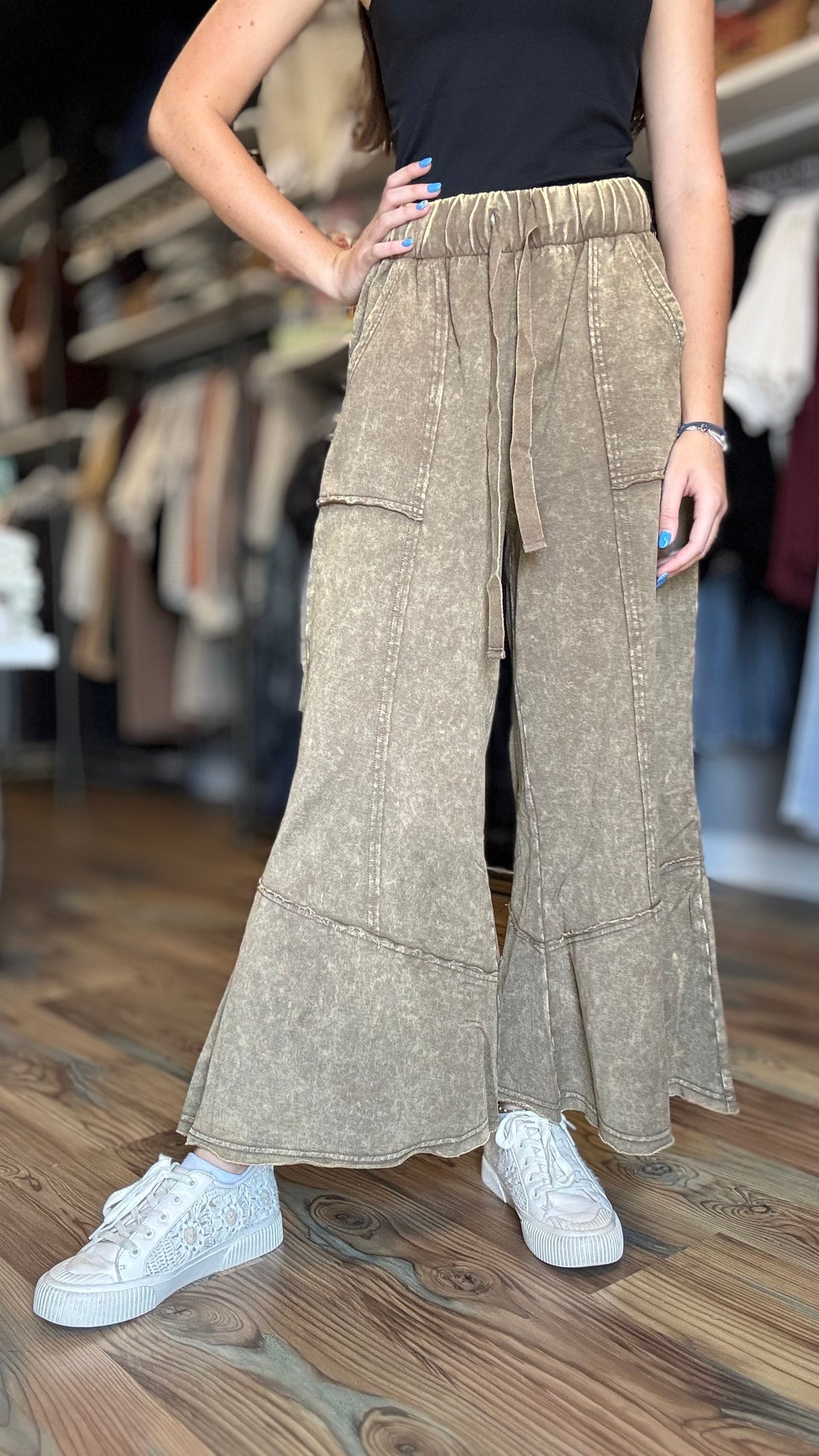 Mocha Mineral Wash Wide Leg Pants