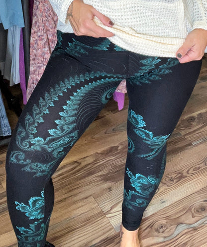 Black Teal Paisley Tie Dye Leggings