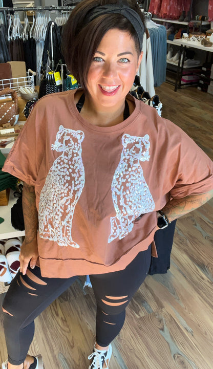 Brown Iridescent Cheetah Sequin Top