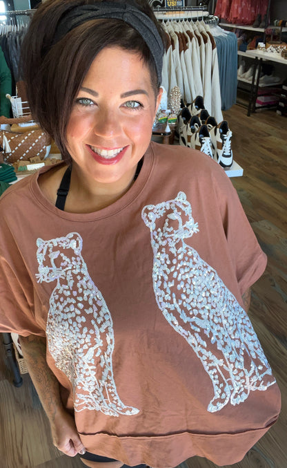 Brown Iridescent Cheetah Sequin Top