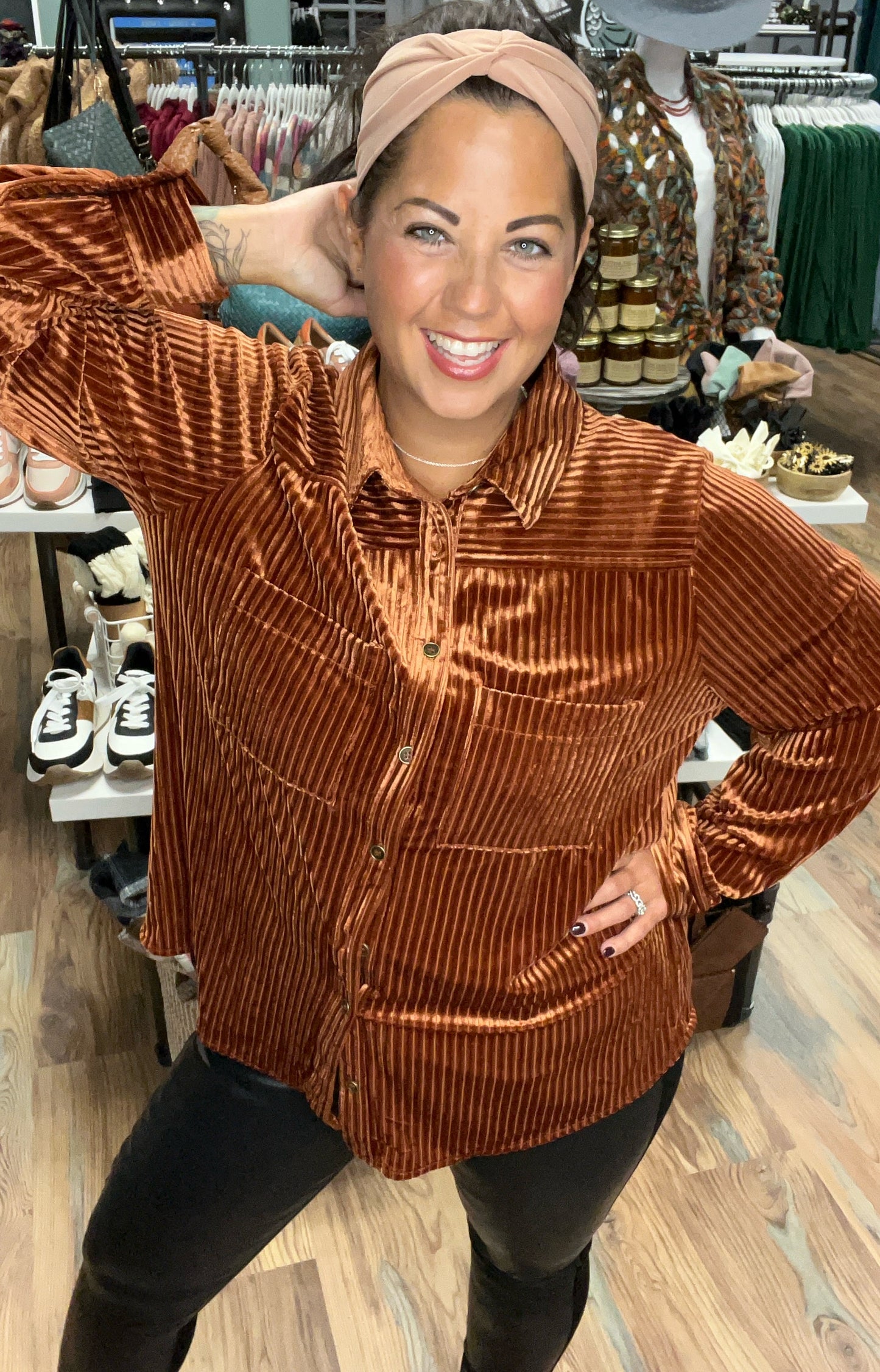 Striped Copper Orange Velvet Button Down