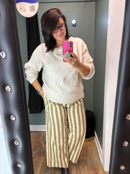 Beige Striped Twill Pants