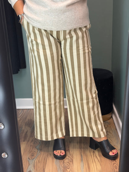 Beige Striped Twill Pants