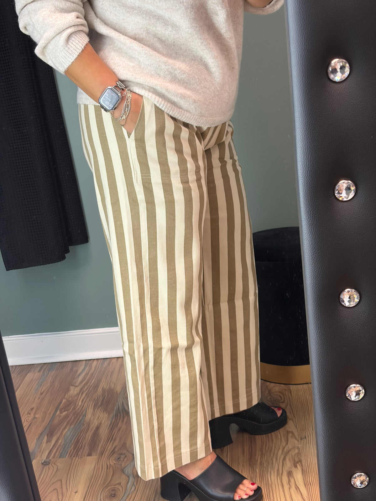 Beige Striped Twill Pants