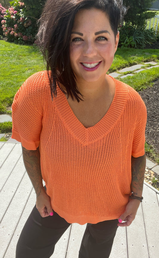 Orange V-Neck Knit Sweater