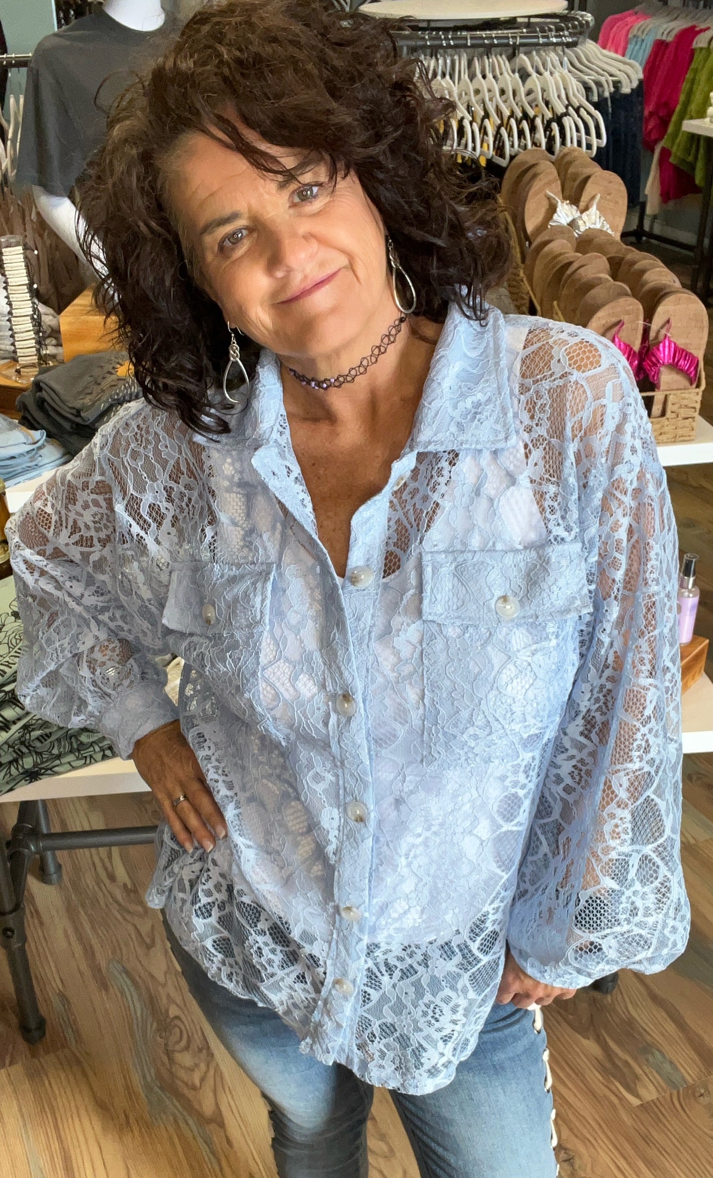 Light Blue Lace Long Sleeve Button Down