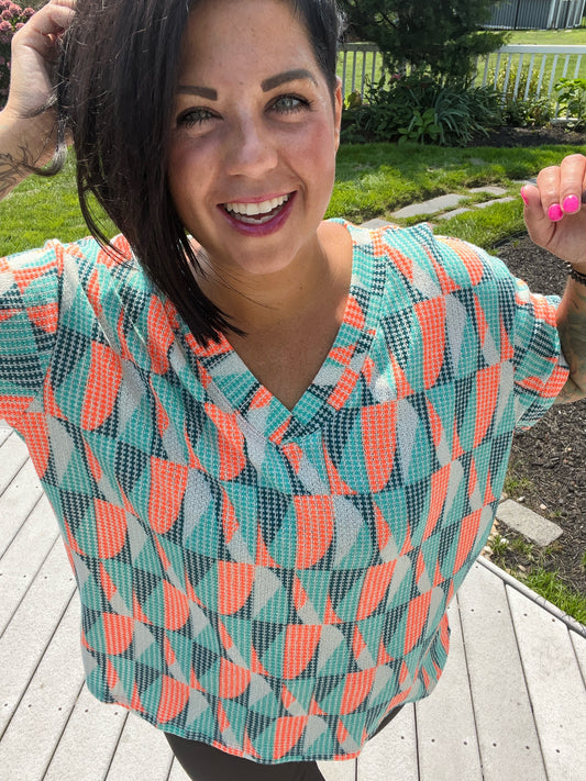 Teal And Orange Geometric Shirt