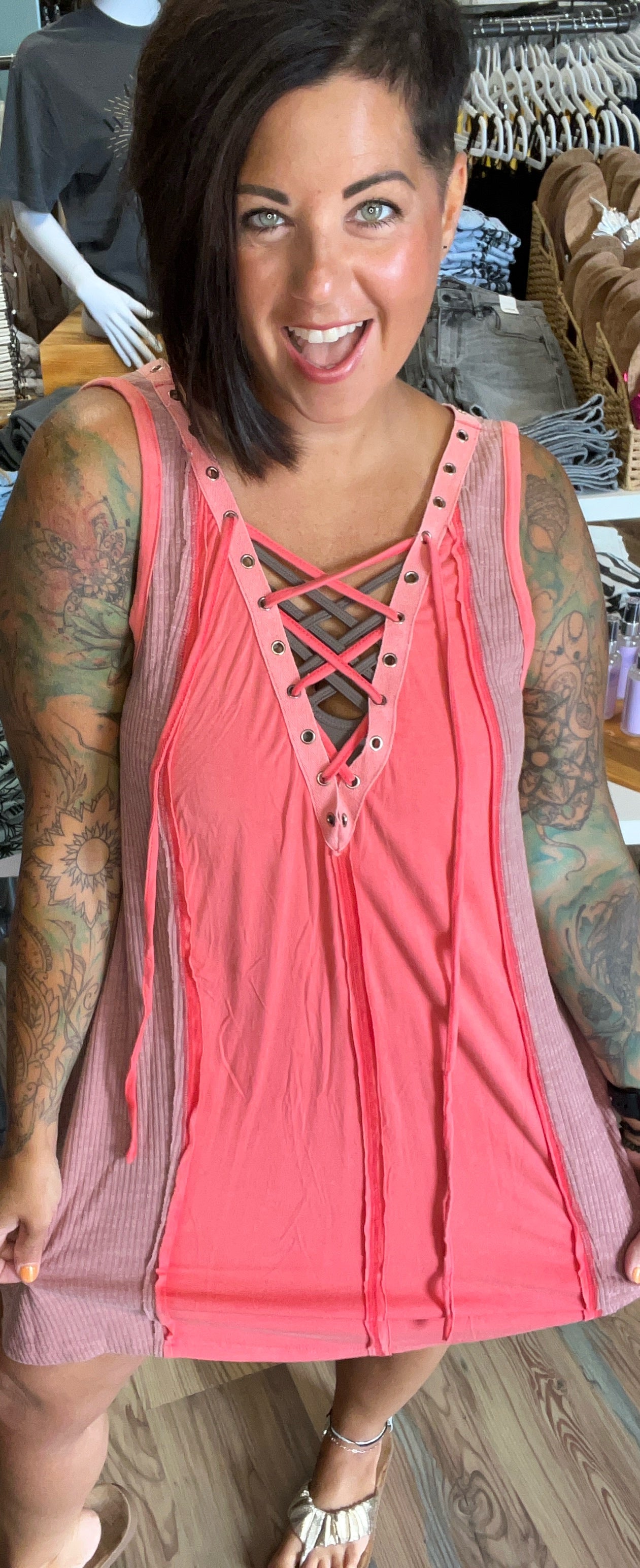 Ribbed Coral Criss Cross Tunic