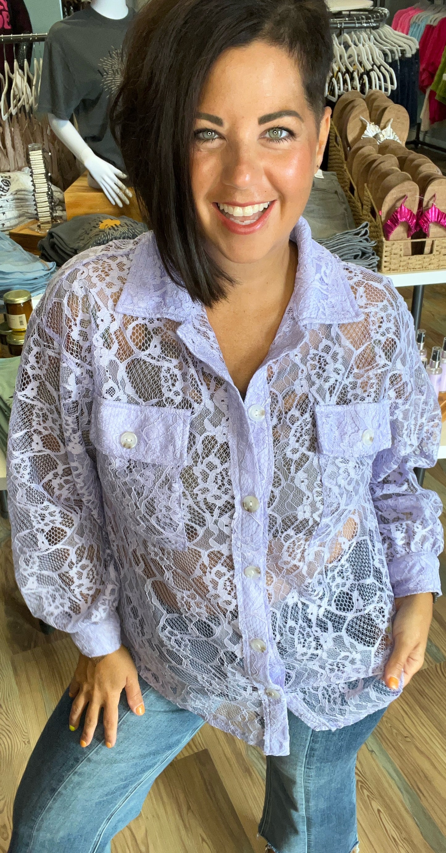 Lavender Lace Long Sleeve Button Down